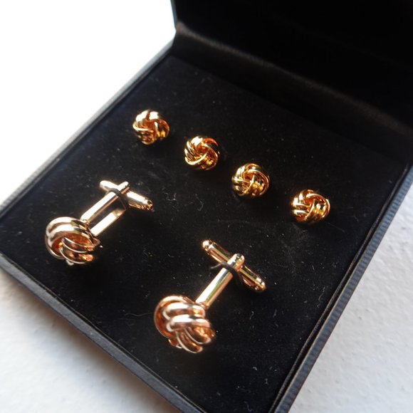 Men's Tuxedo Gold Knot Cufflinks and 4 Studs - Picture 2 of 3